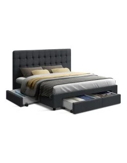 Best deal 🥰 Artiss Double Size Fabric Bed Frame Headboard with Drawers - Charcoal 🛒