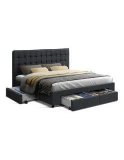 Best Sale ⭐ Artiss Queen Size Fabric Bed Frame Headboard with Drawers - Charcoal 🌟