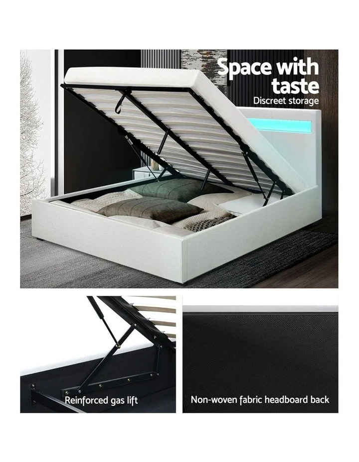 Coupon 😉 Artiss LED Bed Frame Double Full Size Gas Lift Base With Storage White Leather 🛒 6 Coupon 😉 Artiss LED Bed Frame Double Full Size Gas Lift Base With Storage White Leather 🛒 - Image 6