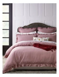 Budget 😀 Heritage Brielle Ruffled Edge Linen Cotton Quilt Cover Set Mauve ⌛