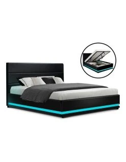 Deals 🔥 Artiss Lumi Gas Lift Bed Frame Double Black Leather 🧨