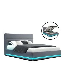 Promo 😀 Artiss Lumi Gas Lift Bed Frame Queen Grey Fabric 🎁